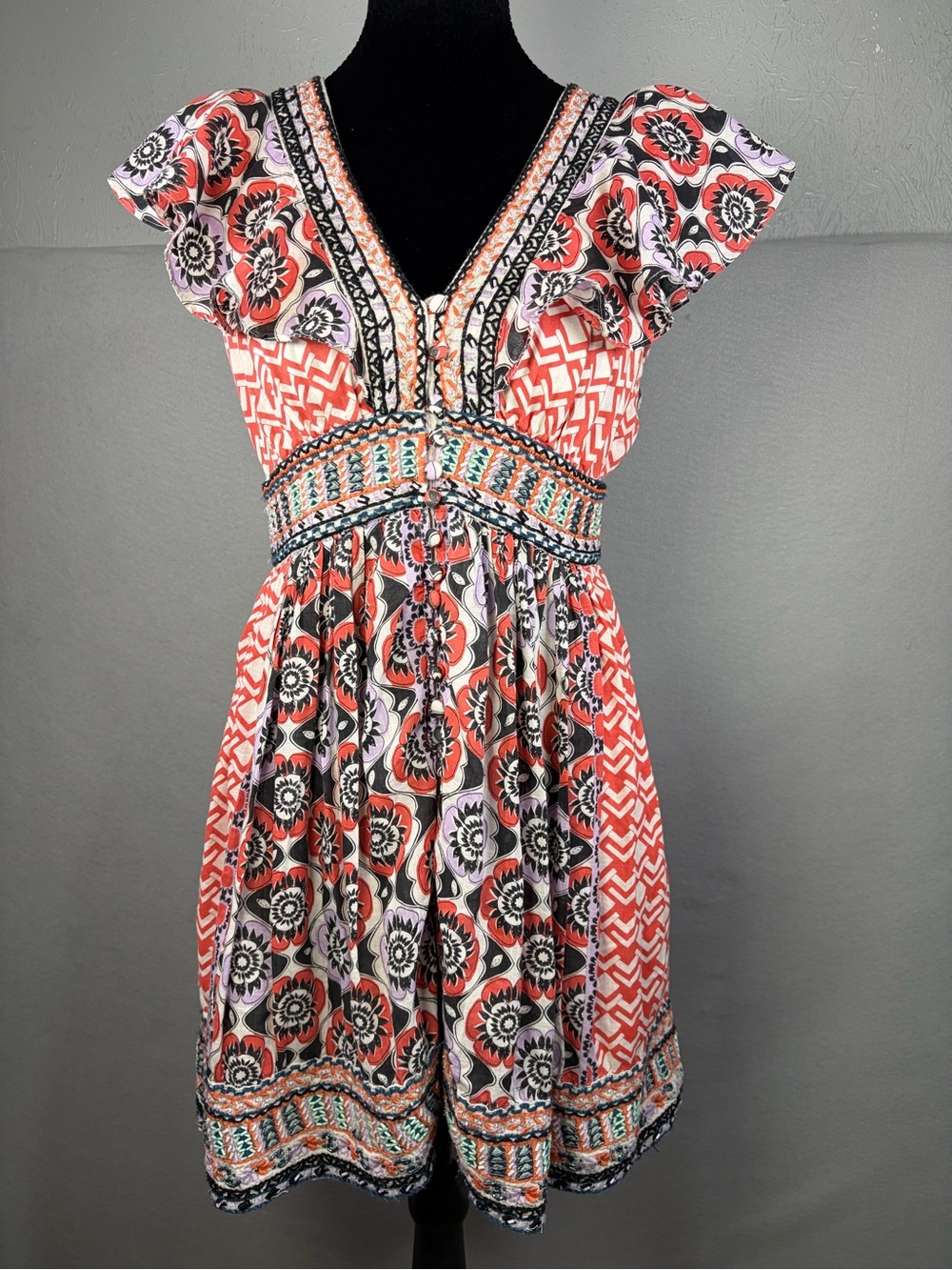 Anthropologie Mixed-Print Flutter-Sleeve Dress,